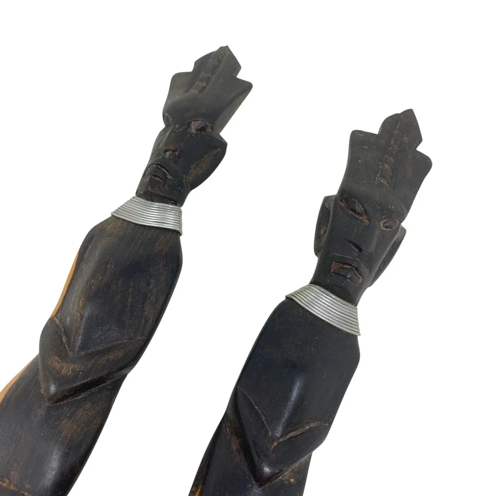 Vintage African Carved Wood Figural Salad Servers Fork Spoon Folk Art 14.5